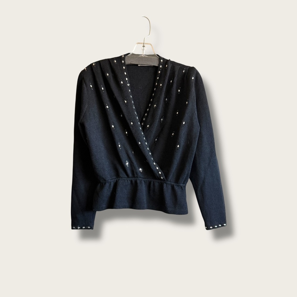 Vintage St. John by Marie Gray 80s Knit Black w/ Rhinestones Cardigan Size 6